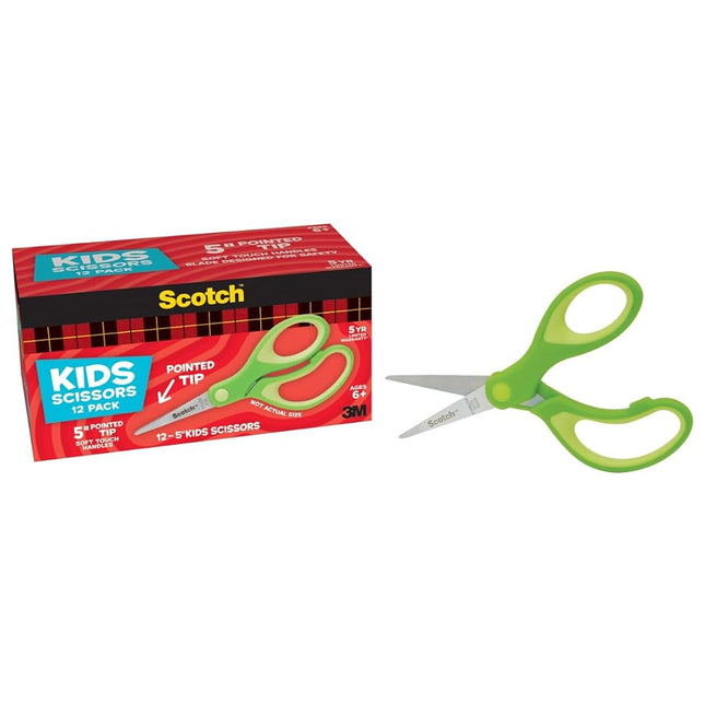 Scotch 5" Soft Touch Blunt Tip Kids Scissors, 12 Count Teacher’s Pack, Green, All-Purpose Scissors for School and Crafts (1442P-12)
