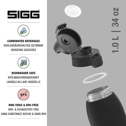 SIGG - Insulated Water Bottle - Shield Therm One Black - Suitable for Carbonated Beverages - Leakproof - Dishwasher Safe - BPA Free - 90% Recycled Stainless Steel - Black - 1L