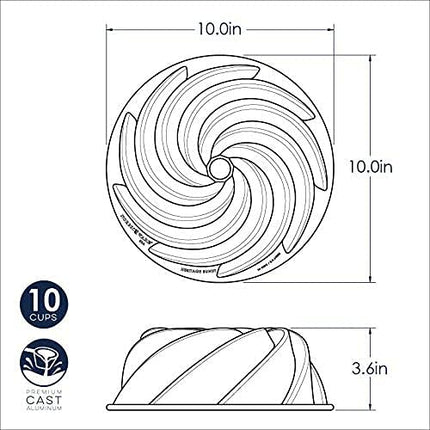 Nordic Ware Heritage Bundt Pan, Swirl Cast Aluminium Bundt Tin, Bundt Cake Tin with Elegant Pattern, Cake Mould Made in the USA, Colour: Gold