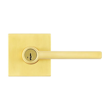 Kwikset Halifax, Door Handle Lever SmartKey Re-Key Security Keyed Entry Lock with Microban, Square Rose in Satin Brass