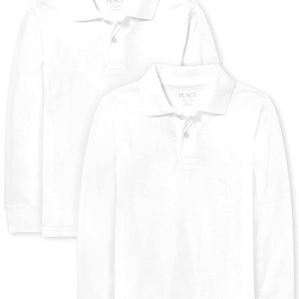 The Children's Place Boys Long Sleeve Pique Polo Shirt, White 2 Pack, X-Large US, White 2 Pack, X-Large