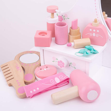 Bigjigs Toys Wooden Kids Vanity Case - 11 Piece Vanity Kit & Accessories with Pink Polka Dot Carry Bag, Ideal Pretend Play Toy & Gift for Girls