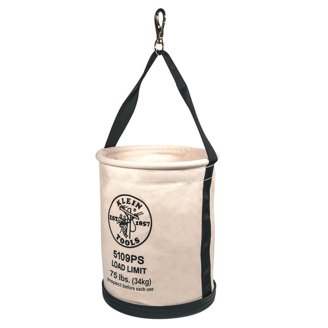 Klein Tools 5109PS Canvas Bucket, Wide-Opening Straight-Wall Tool Bucket with Pocket and Swivel Snap, 75-Pound Load Rated
