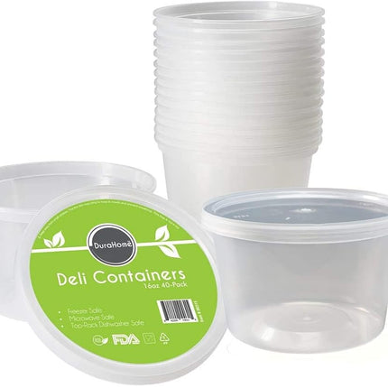 DuraHome - Deli Containers with Lids Leakproof - 40 Pack BPA-Free Plastic Microwaveable Clear Food Storage Container Premium Heavy-Duty Quality, Freezer & Dishwasher Safe (16 oz.)