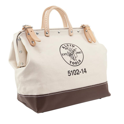 Klein Tools 5102-14 Heavy Duty Natural Canvas Tool Bag, Tool Tote, Multi-Purpose Bag with Wide Hinged Opening and Leather Handles, 14-Inch