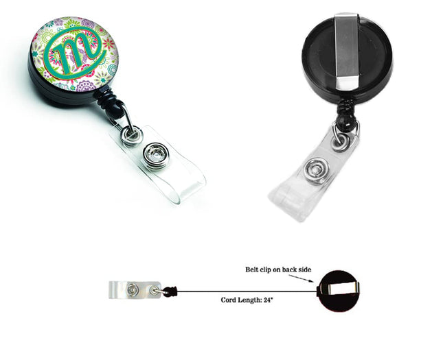 Caroline's Treasures Letter M Flowers Pink Teal Green Initial Retractable Badge Reel, Multicolor (CJ2011-MBR)