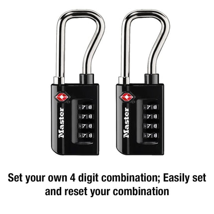 Master Lock 4696T Set Your Own Resettable Numeric Combination TSA Accepted Luggage Lock, with Extended Reach Shackle, 1-5/16" Wide Body, 1/4" Diameter Shackle, 2 Pack