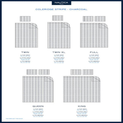 Nautica - Twin XL Sheets, Cotton Percale Bedding Set, Casual Home Decor, Dorm Room Essentials (Coleridge Stripe Charcoal, Twin XL)