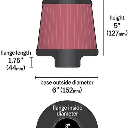 K&N Universal Clamp-On Air Filter: High Performance, Premium, Washable, Replacement Filter: Flange Diameter: 3 In, Filter Height: 5 In, Flange Length: 1 75 In, Shape: Round Tapered, RU-5176