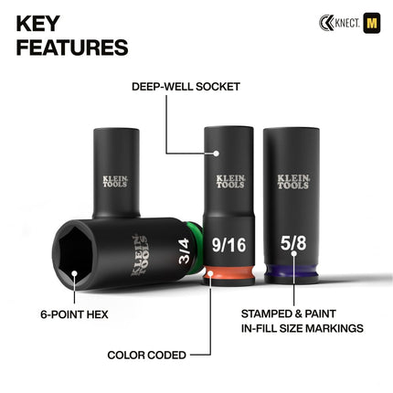 Klein Tools 65109IMPCT KNECT Deep-Well 3/8-Inch Drive Impact Socket Set, SAE, 9-Piece Tool Set with Impact Driver Adapter, Multi-Purpose Wrench Adapter, Color-Coded, MODbox Socket Organizer