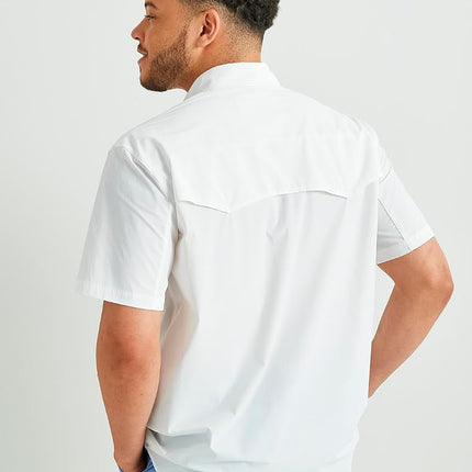 HUK Men's Diamond Back Solid Short Sleeve Button, Fishing Shirt, White, Small
