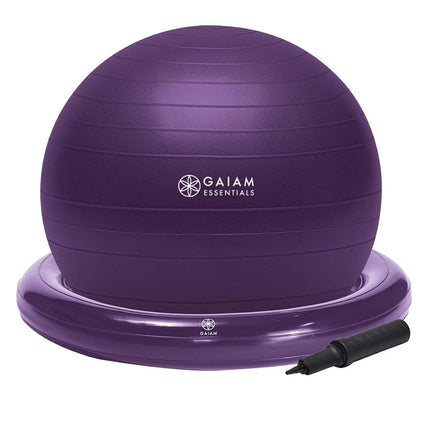 Gaiam Essentials Balance Ball & Base Kit, 65cm Yoga Ball Chair, Exercise Ball with Inflatable Ring Base for Home or Office Desk, Includes Air Pump - Purple