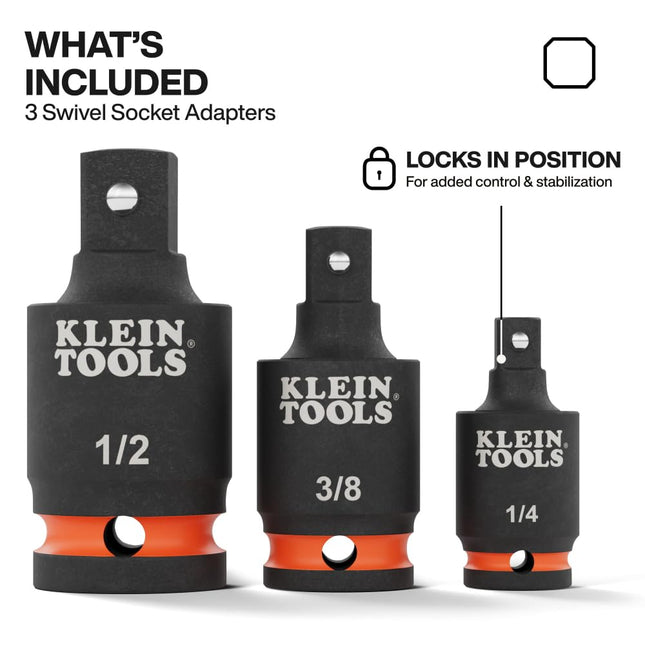 Klein Tools 65843SW Impact Wrench Swivel Socket Adapter Set, 3-Piece, 15-Degree Pivot, 1/4-Inch, 3/8-Inch,1/2-Inch Square Drive, Fixed-Position and Swivel, Impact Wrench to Socket Extensions
