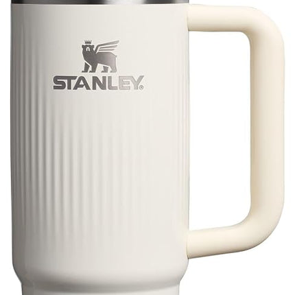Vaso Stanley Quencher H2.0 con asa y pajita de 30 oz | Tapa Flowstate de 3 posiciones | Compatible con portavasos para viajes | Vaso térmico de acero inoxidable | Sin BPA | Crema estriada brillante