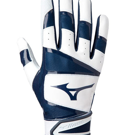 Mizuno B-303 Adult Baseball Batting Glove, White-Navy, Medium