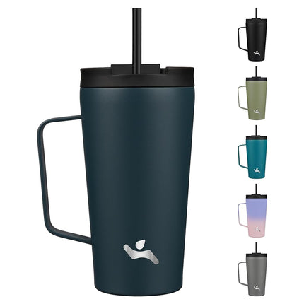 Konokyo Insulated Tumbler with Handle and Straw, 18 OZ Travel Coffee Mug Stainless Steel Cup Metal Water Bottle,Navy Blue