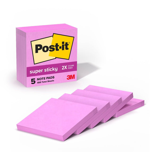 Super Sticky Notes, 3x3 in, 5 Pads, 2X The Stickin
