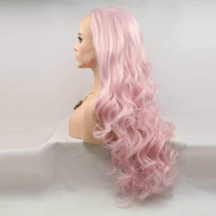 Xiweiya Long Pink Wavy Wig Synthetic Pink Wavy Lace Front Wigs Middle Part Wig Long Soft Wig Hair Replacement Wig for Women, Drag Queen Makeup 24 inch