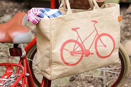 KAF Home Jute Market Tote Bag with Bicycle Print, Durable Handle, Reinforced Bottom and Interior Zipper Pocket, Generous Capacity, 12.5" Tall x 17" Wide x 7" deep