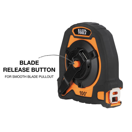 Klein Tools 94100CR Closed Reel Long Tape Measure, 100-Foot Nylon Coated Blade, with Belt Clip and Lanyard Hole
