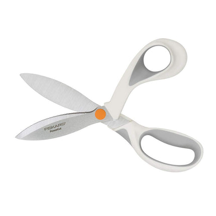 Tijeras Fiskars SoftGrip PowerCut para Tela y Materiales Mixtos - Tijeras de 8" de Alta Resistencia para Cortar Tela, Cartón, Corcho, Metal Decorativo y Goma Espuma con Borde Dentado - Blanco