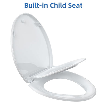 Toilet Seat with Toddler Seat, Elongated Toilet Seat, Quick-Release Structure Toilet Seat, Quick-Attach Hardware & Full Flat with Grip-Tight Bumpers, Quiet-Close Seat, White 19"