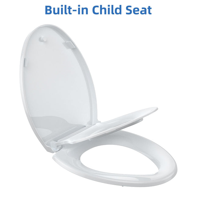 Toilet Seat with Toddler Seat, Elongated Toilet Seat, Quick-Release Structure Toilet Seat, Quick-Attach Hardware & Full Flat with Grip-Tight Bumpers, Quiet-Close Seat, White 19"
