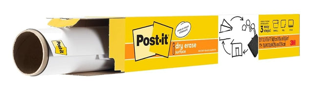 Post-it Dry Erase Whiteboard Film Surface for Walls, Doors, Tables, Chalkboards, Whiteboards, and More, Removable, Stain-Proof, Easy Installation, 3 ft x 2 ft Roll, White, 3 x 2 Feet (DEF3x2)