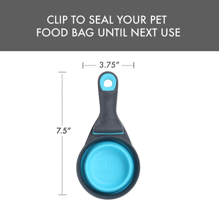 Dexas Popware for Pets Collapsible Klip Scoop, 3 in 1 Design Convenient Measuring Cup, Food Scooper and Bag Clip, 1Cup Capacity Pet Food Scoop, Versatile Food Measuring Cups Portion Control Gray/Blue