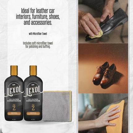 2X Lexol Leather Cleaner and Conditioner 16.9 oz Liquid Bundle with Microfiber Towel – Deep Conditioning to Help Maintain Soft, Supple, and Durable Leather – Gift Set (3 Items)