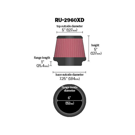 K&N High-Flow Original Lifetime Universal Clamp-On Air Filter: High Performance, Premium, Washable: Flange Diameter: 6 In, Filter Height: 5 In, Flange Length: 1 In, Shape: Round Tapered, RU-2960XD