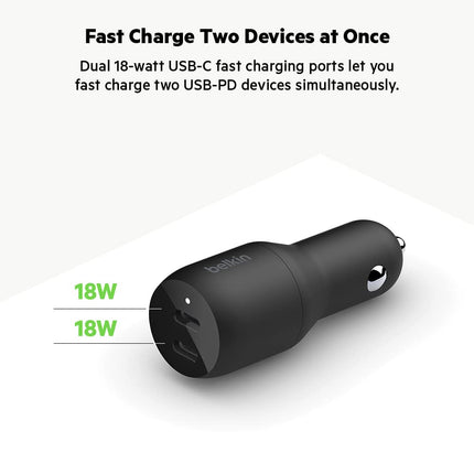 Cargador de coche Belkin USB-C PD 36W (cargador de coche de doble puerto USB-C de 18W con suministro de energía para iPhone de las series 14 y 13, Samsung, Google y más)
