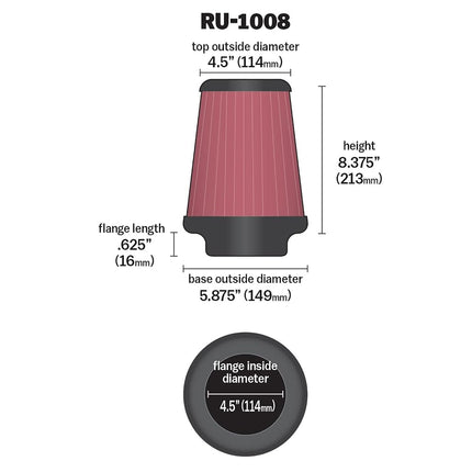 K&N Universal Conical Air Filter 114mm flange, 149mm base, 114mm top, 213mm height (RU-1008)