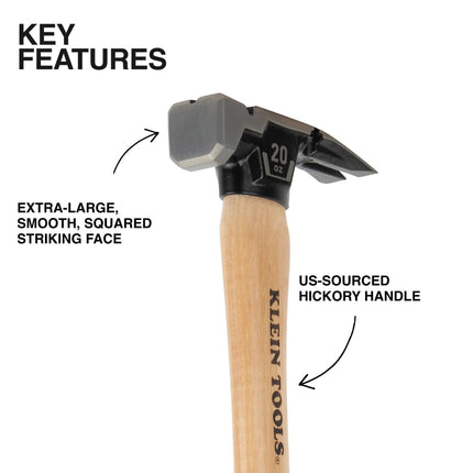 Klein Tools H80920HS Smooth Face Hammer with Straight Claw, 20-Ounce Forged Steel, Hickory Handle, California Framing Style, Magnetic Nail Starter, and Extra-Large Squared Strike Face