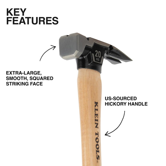 Klein Tools H80920HS Smooth Face Hammer with Straight Claw, 20-Ounce Forged Steel, Hickory Handle, California Framing Style, Magnetic Nail Starter, and Extra-Large Squared Strike Face