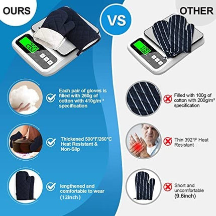 M Miaoyan Oven Mitts and Pot Holders 4 pcs Set,High Heat Resistant 500 Degree Extra Thicken Long Kitchen Cotton Oven Glove for Cooking (12 Inch,Deep Blue)