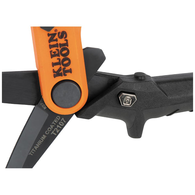 Klein Tools T2107 Titanium Coated Utility Scissors, Compact, Stainless Steel Shears, Serrated Blades, Cuts Heavy-Duty Materials, 7-Inch