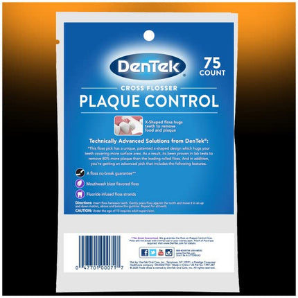 DenTek Plaque Control Floss Picks, X-Shaped Cross Flosser Dental Flossers, Easy Reach Teeth Cleaning, Plaque Removal, Oral Care, 75 Count (Pack of 6)