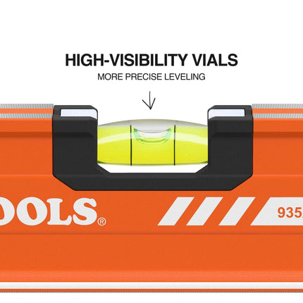 Klein Tools 93524MAG 24-Inch Box Level, Magnetic Box Beam Bubble Level, 3 Vials, High Visibility Orange, Aluminum Body, V-Groove and Magnet Track