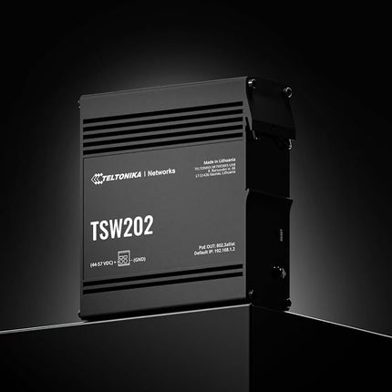 Teltonika TSW202 Managed PoE+ switch, 8 x Gigabit Ethernet, 2 x SFP, Profinet certified, integrated DIN rail bracket, durable design