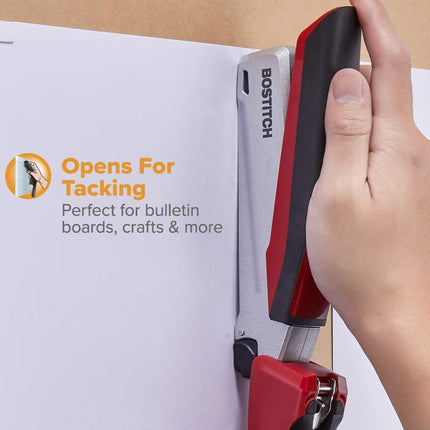 PaperPro inPOWER+28 Executive Stapler - 3 in 1 Stapler - One Finger, No Effort, Spring Powered Stapler, Red/Silver (1117)