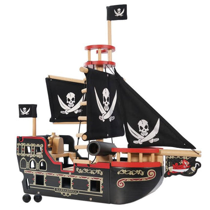 Le Toy Van - Wooden Educational Pirates Collection Barbarossa Pirate Ship With Cannon, Cannon Balls, Plank, Trap Door and Anchor | Pretend Play Pirate Toys, Black, Medium