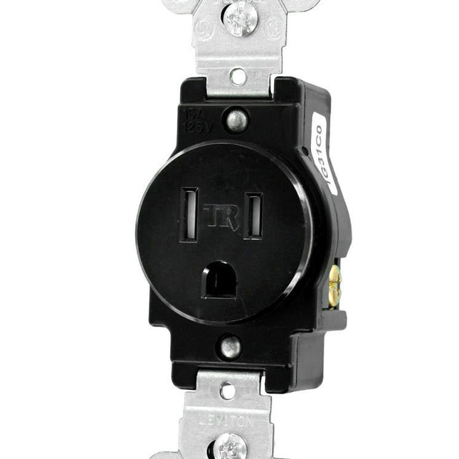 Leviton T5015-E Commercial Grade, Grounding, 15 Amp, 125 Volt, 2P, 3W, Narrow Body Single Receptacle, Straight Blade, Tamper Resistant, Black