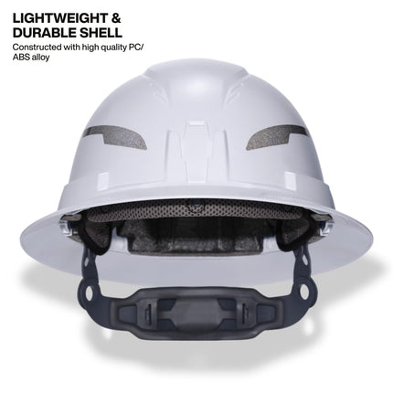 Klein Tools 60406T2RL Type 2 Hard Helmet, Full Brim, Unvented Full Brim, Class E Helmet with Chin, 6-Point Suspension with Accessory Brackets, Washable Padding and Headlamp