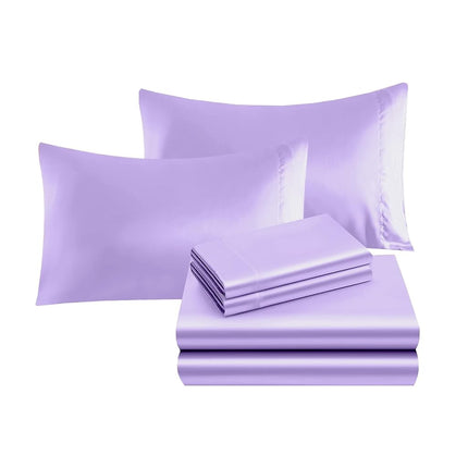 Elegant Comfort Luxurious 4-Piece Silky Satin Sheet Set, Skin and Hair Friendly, Wrinkle, Fade, Stain Resistant with Deep Pockets Fitted Sheet, Cooling Soft Satin Sheet Set, Twin, Lilac