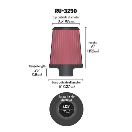 K&N Universal Conical Air Filter 79mm flange, 127mm base, 89mm top, 152mm height (RU-3250)