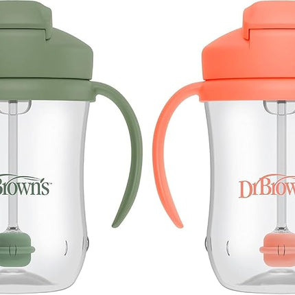Dr. Brown's Milestones, Baby's First Straw Cup Sippy Cup with Straw, 6m+, 9oz/270ml, 2 Pack, Coral & Olive Green, BPA Free