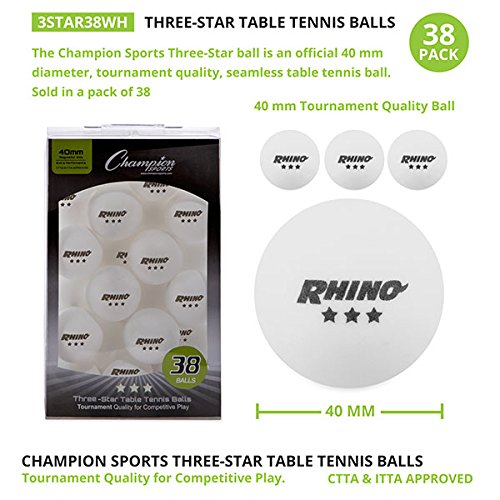 Champion Sports 3 Star Table Tennis Ball Pack, Tournament Size - White Ping Pong Balls, Set of 38, with 40mm Seamless Design - Professional Table Tennis Equipment, Accessories - CTTA and ITTA Approved