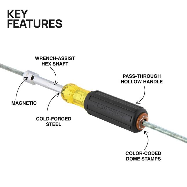 Klein Tools 65407M Metric Color-Coded Nut Driver, Hollow-Shaft, Heavy-Duty 7 mm Hex, Pass-Through Design, 6-Point Socket, and Cushion-Grip Handle