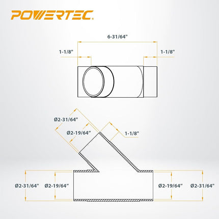 POWERTEC Conector de manguera de 2-1/2 pulgadas transparente en Y para recolección de polvo, paquete de 2 (70228-P2), transparente, 2.5 pulgadas